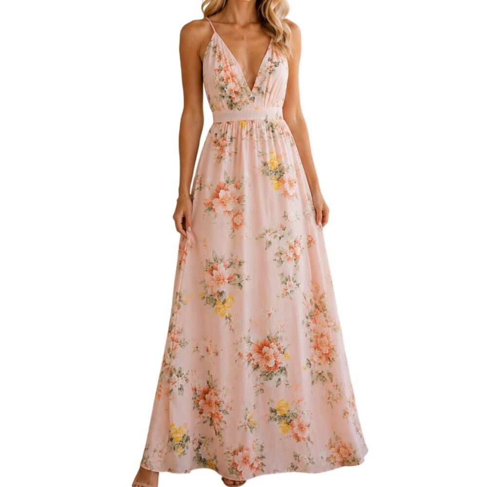 Mind Code Garden Blush Floral Print Maxi Dress Small Formal Cruise Wedding